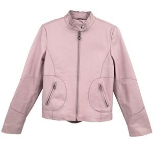 Amisu Women's Pink Leather Moto Jacket Cafe Racer Full Zip‎ Circle Pocket 40 S/M